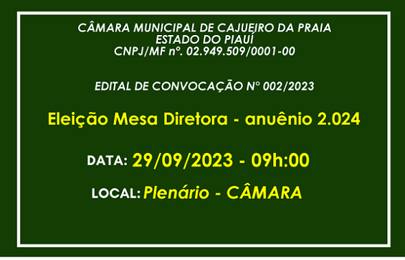 Câmara divulga edital de convocação eleição Mesa Diretora anuênio 2024